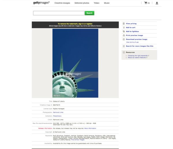 Getty Images page with Statue of Liberty replica picture