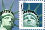 The real Statue of Liberty and the stamp, which shows a replica